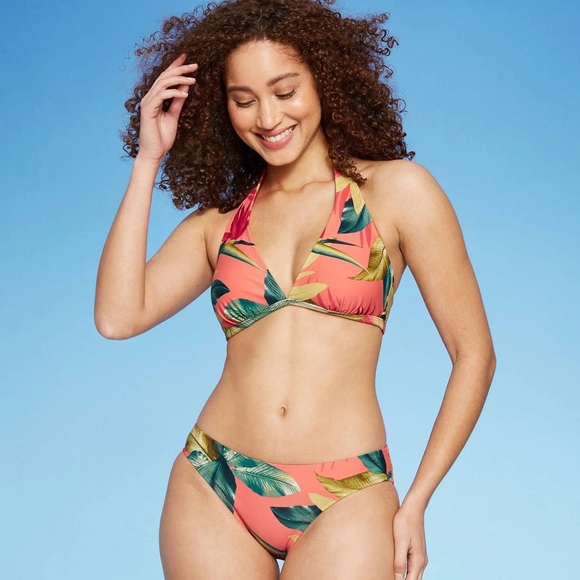 NWT Kona Sol Medium 8-10 Coral Floral Print Bikini Set Halter Swimsuit Swim New - Picture 1 of 7